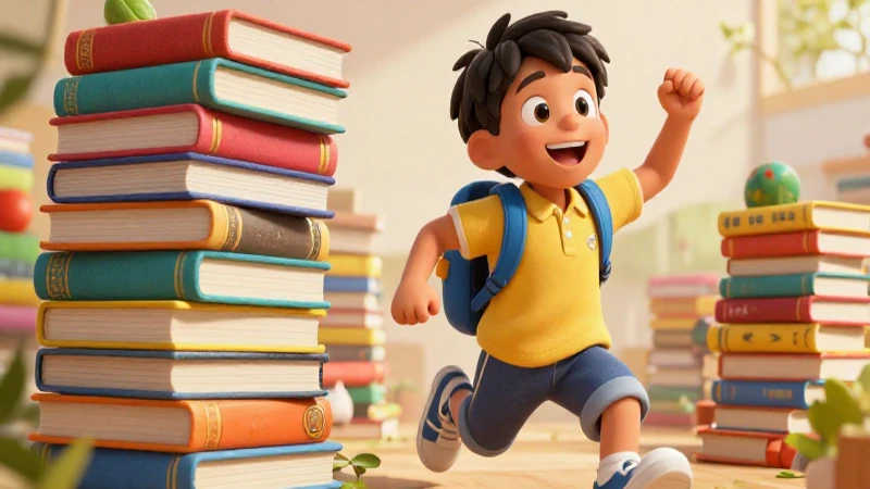 Estudiante feliz con libros coloridos de viaje
