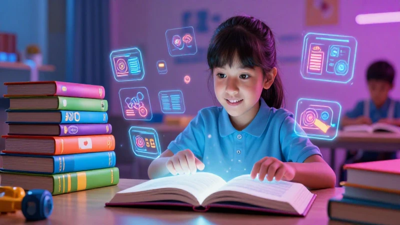 Niño curioso aprende con libros digitales vibrantes