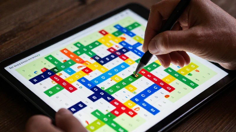 Tablet digital interactúa con un crucigrama colorido