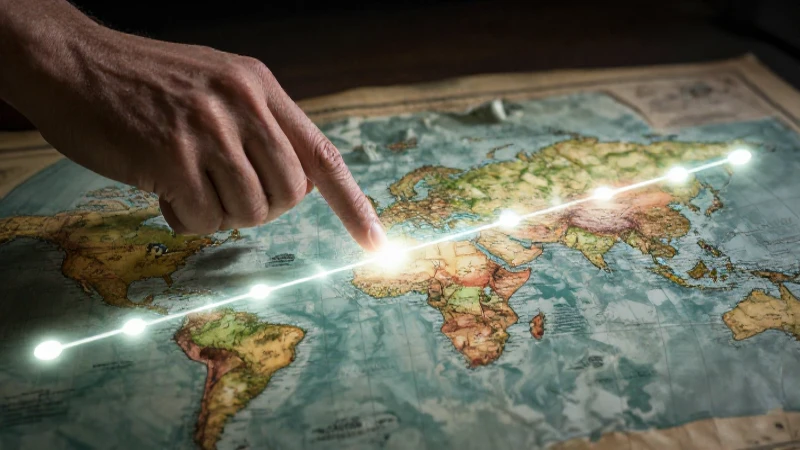 Mano interactúa con un mapa histórico brillante
