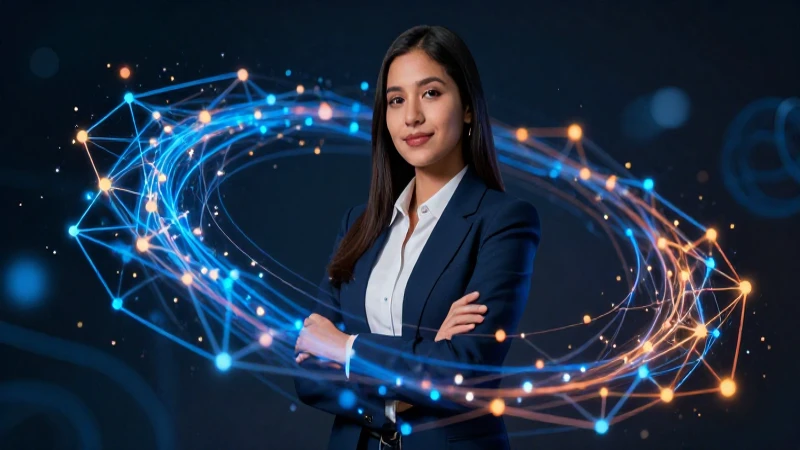 Educador mexicano rodeado de tecnología digital vibrante