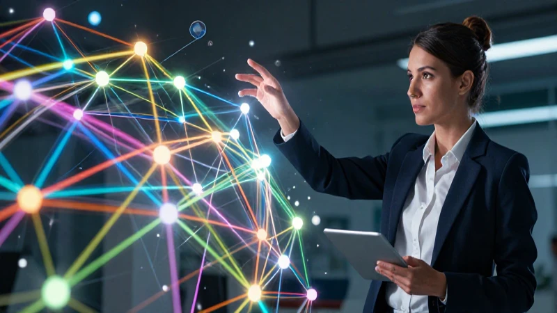 Profesor interactúa con nodos digitales abstractos