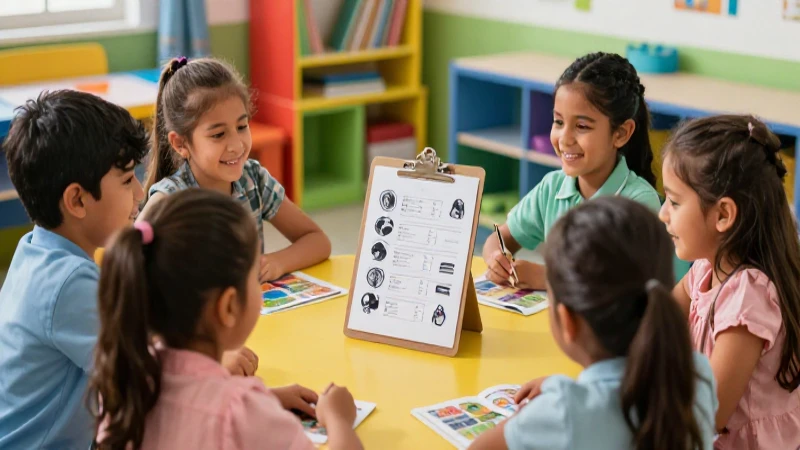 Niños mexicanos alegres aprendiendo en un aula colorida