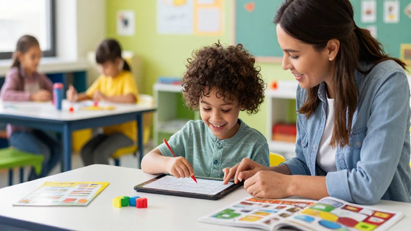 Lista de Cotejo: Formato y Uso en Evaluación Preescolar 7 Niño sonríe con tablet bajo guía docente