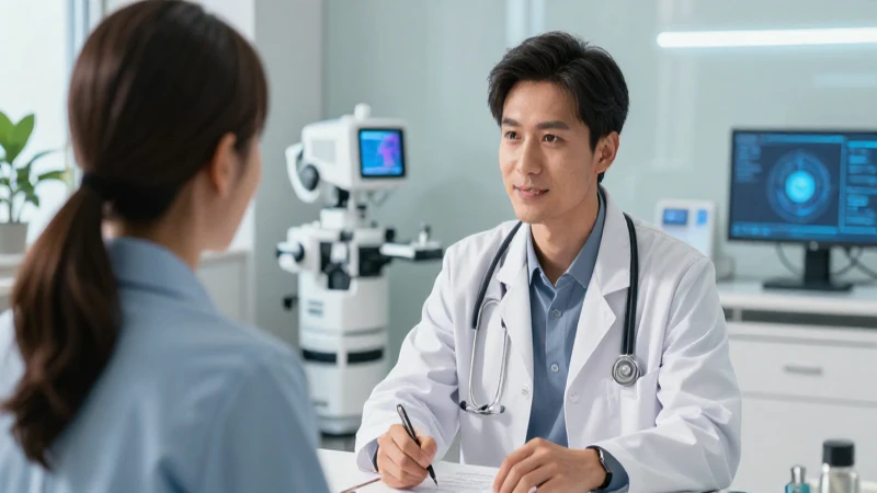 Médico empático en clínica futurista