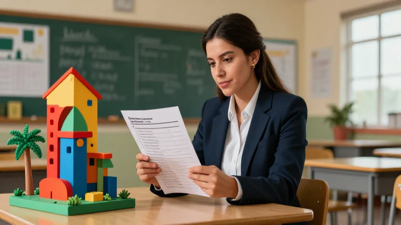Maestra evalúa proyectos creativos en un aula moderna