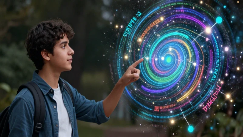 Joven apunta a constelación de partículas abstractas