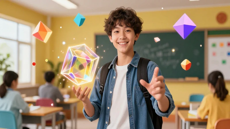 Estudiante brillante con formas geométricas flotantes