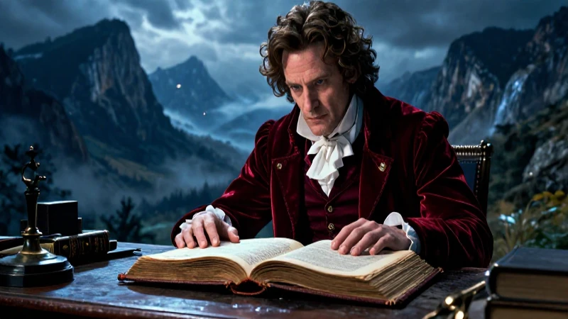 Erudito dramático con libros y montañas místicas