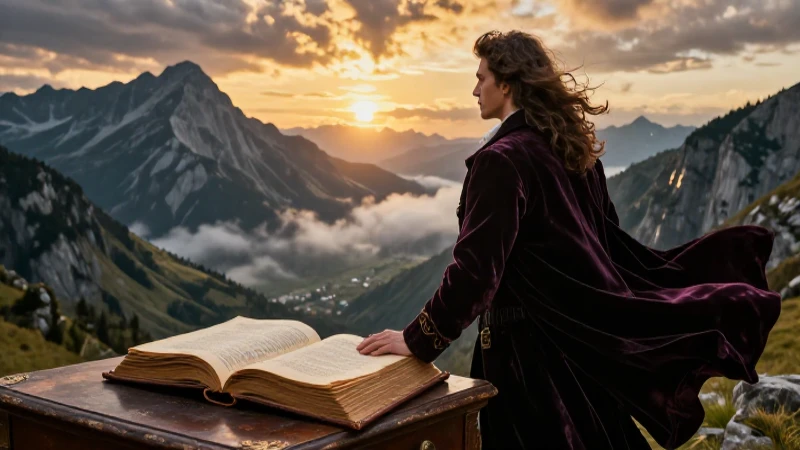 Figura romántica observa montaña dramática