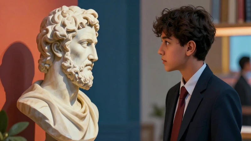 Estudiante contempla busto griego dramático