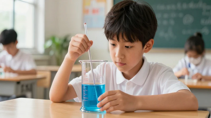 Estudiante mide agua azul en clase moderna