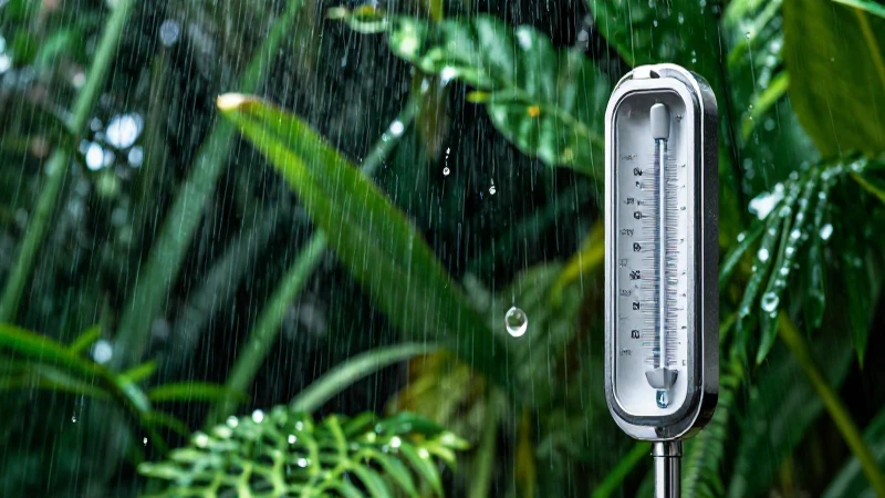 Pluviómetro moderno, detallado, en lluvia tropical