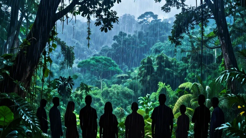 Selva mexicana vibrante y dramática con lluvia y comunidad