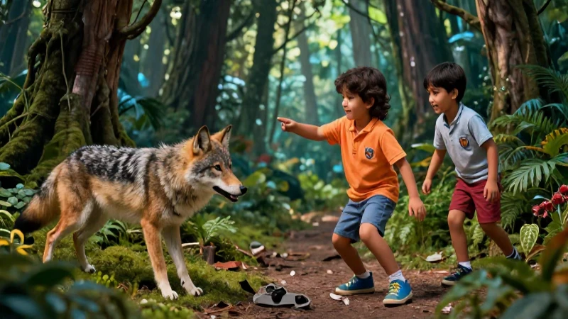 Niño juega en bosque mágico con estilo educativo