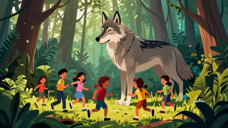 Ilustración de niños mexicanos y lobo estilizado