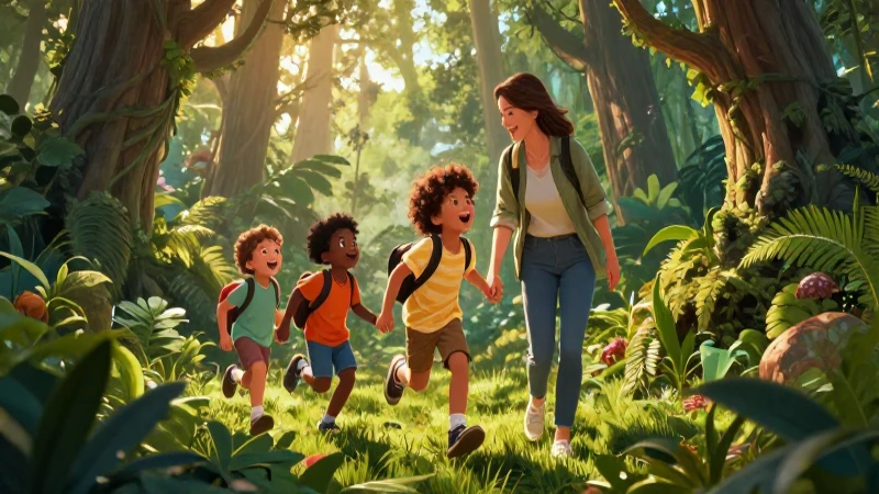 Ilustración mágica de niños en bosque con luz dorada