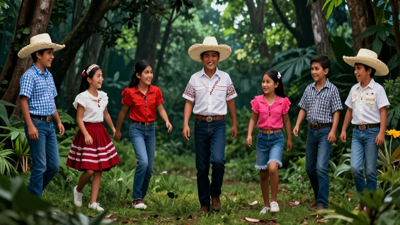 Niños mexicanos felices en juego bajo un bosque vibrante