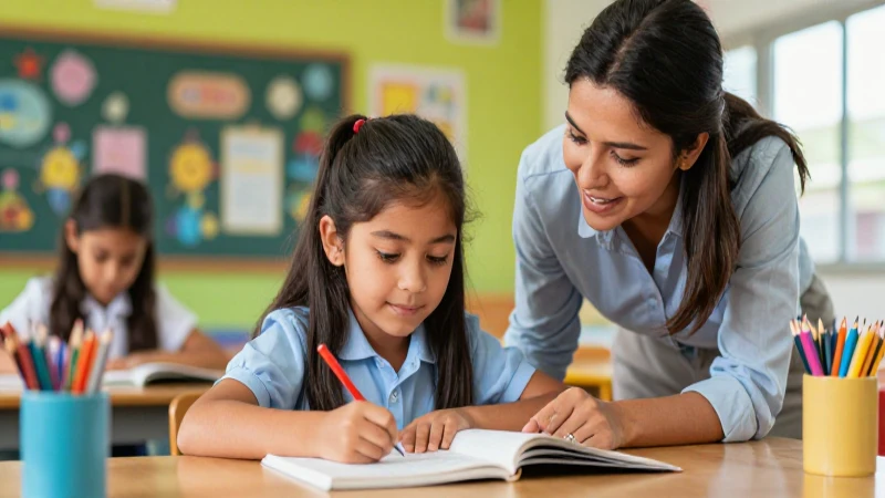 Conoce los logros que la nueva escuela mexicana se propone alcanzar 3 Estudiante entusiasta colabora con maestra en entorno vibrante