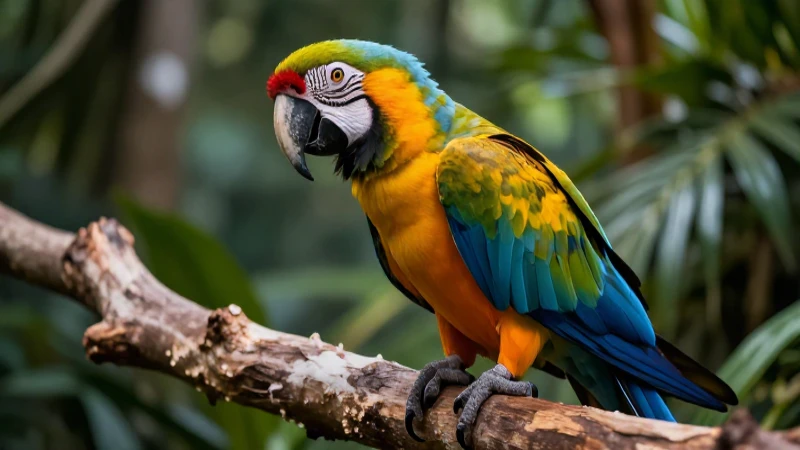 Guacamaya vibrante en rama rústica, estilo revista