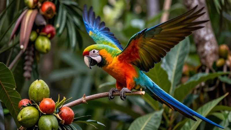 Macao vibrante en entorno tropical detallado