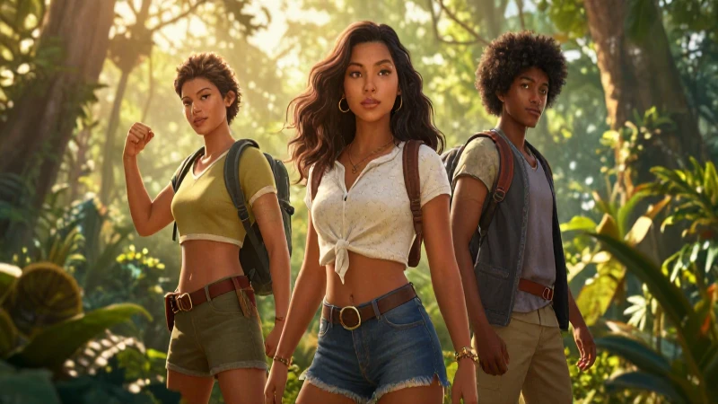 Heroínas de aventura en jungla con luz dorada