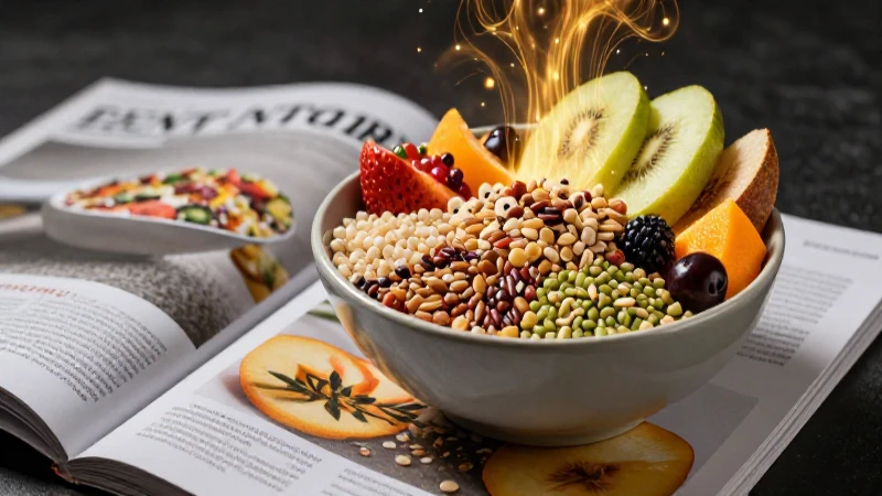 Tazón detallado de granos y frutas vibrantes