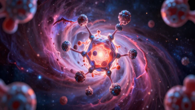 Moléculas estilizadas en nebulosa vibrante con iluminación dramática