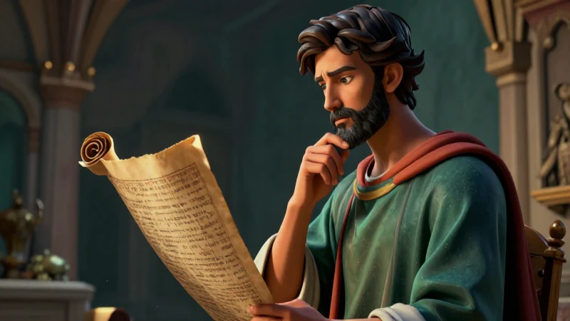 Ilustración dramática de un pensador contemplando un pergamino