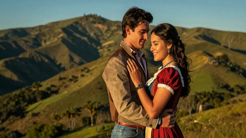 Conoce los secretos y romances de los novios de Cuesta Blanca 3 Pareja mexicana abrazada en atardecer hiperrealista