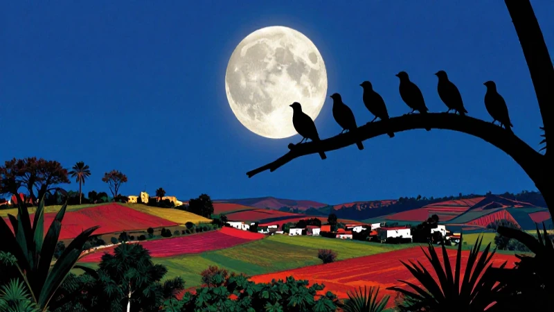Los Pajaritos Cantan: La Luna se Levanta con Magia 3 Cielo azul y luna resplandecen sobre un paisaje mexicano
