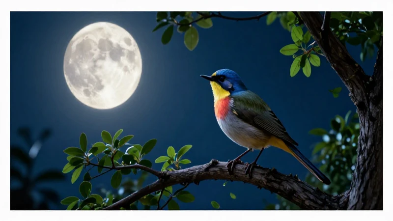 Los Pajaritos Cantan: La Luna se Levanta con Magia 6 Pájaro vibrante bajo luna mágica