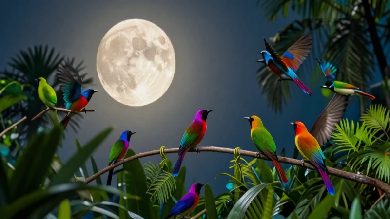 Los Pajaritos Cantan: La Luna se Levanta con Magia 4 Luz lunar y aves color en frondoso entorno tropical