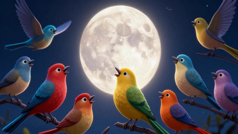 Los Pajaritos Cantan: La Luna se Levanta con Magia 5 Pájaros cantores bajo la luna mágica nocturna