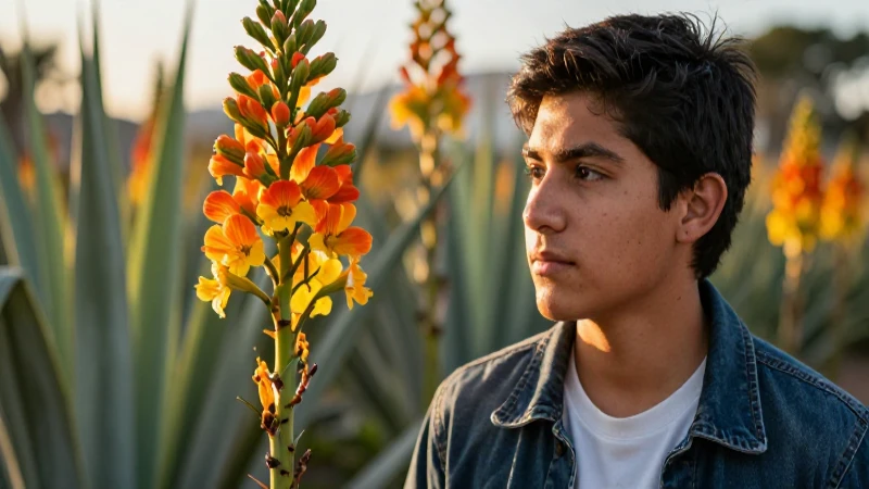 Joven estudiante y agave resaltan con luz dorada