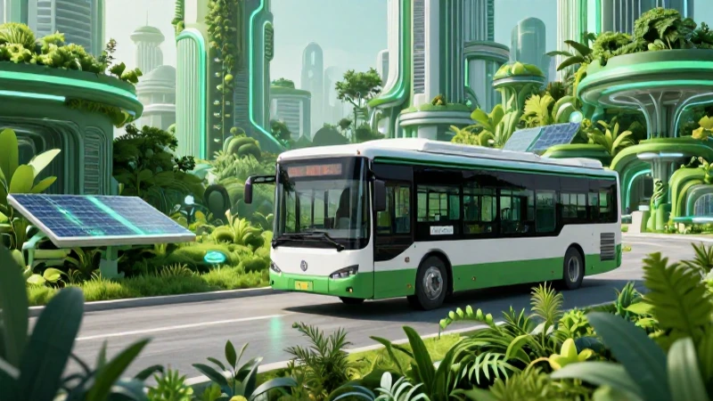 Autobús eléctrico elegante en ciudad futurista y brillante