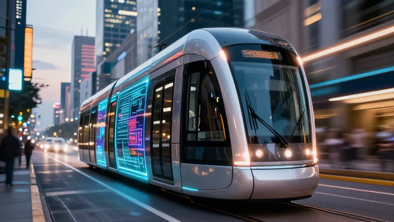 Tranvía futurista en vibrante ciudad mexicana