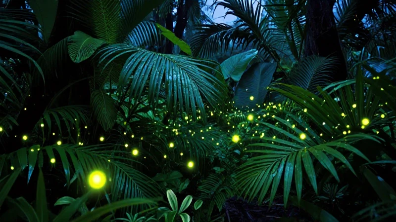 Luciérnagas bioluminiscentes en exuberante selva tropical