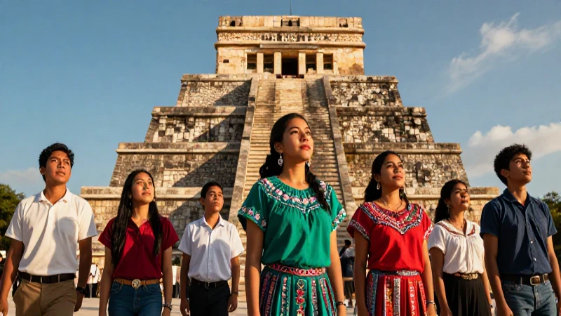 Estudiantes mexicanos contemplan un monumento mesoamericano