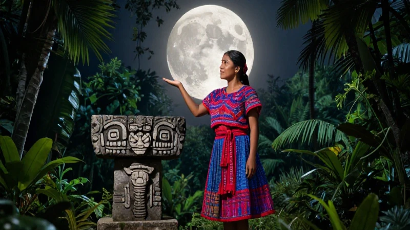 Mujer chontal bajo luna gigante con altar ceremonial