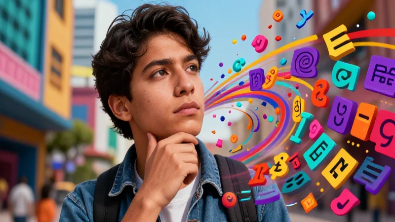 Joven mexicano pensando entre símbolos vibrantes