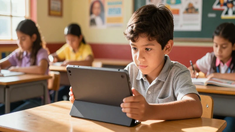 Estudiante aprende en México con tablet y luz dorada