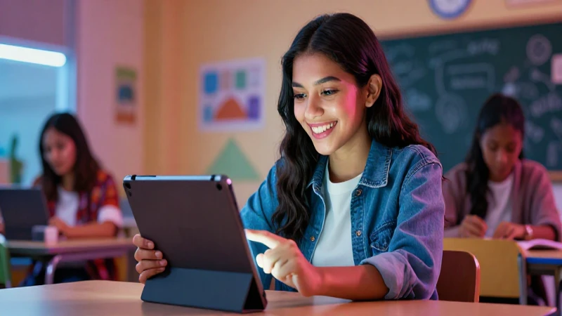 Estudiante sonriente con tablet en aula moderna