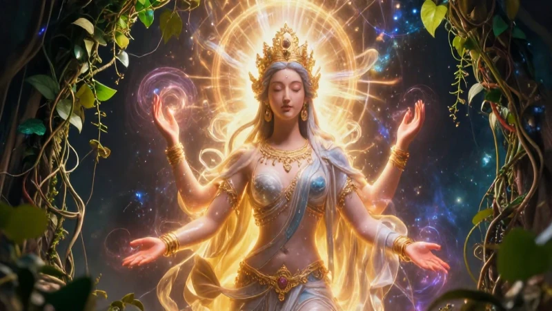Deidad divina con energía cósmica y naturaleza exuberante