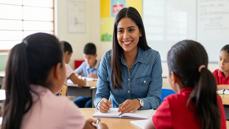 Maestra mexicana enseña a un niño feliz