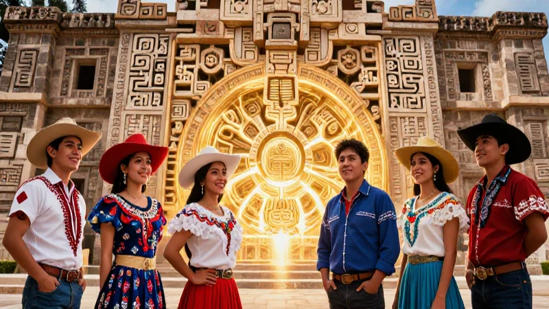 Juventud mexicana vibrante con arquitectura mesoamericana