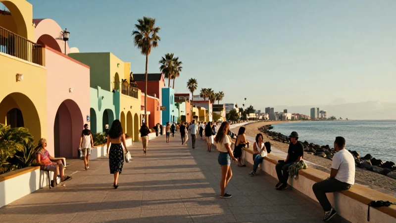 Multitud vibrante disfruta la costa moderna mexicana