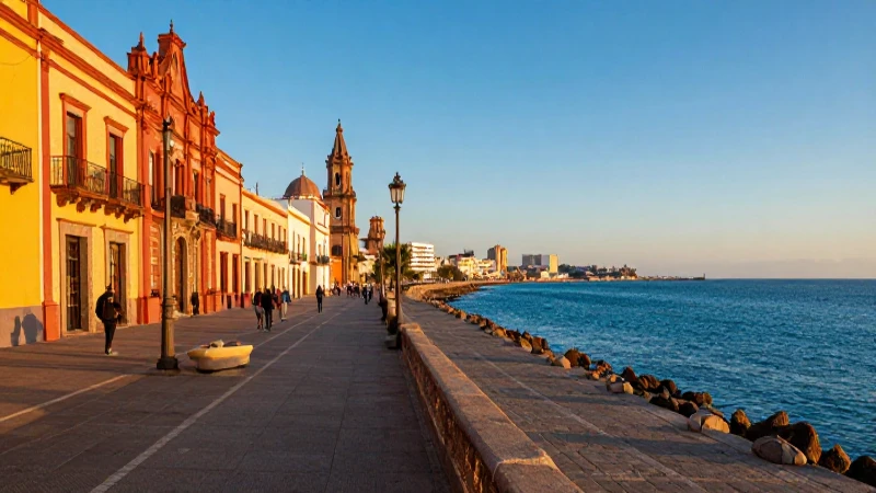 Malecón mexicano vibrante al atardecer