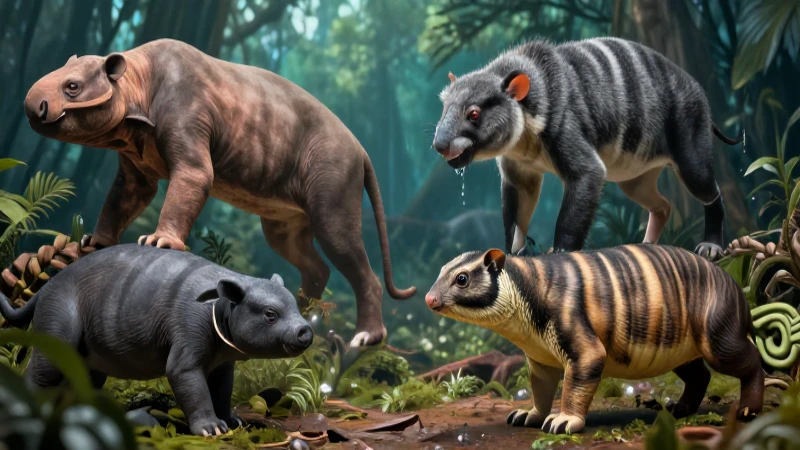 Animales vivíparos ilustrados con estilo científico dinámico