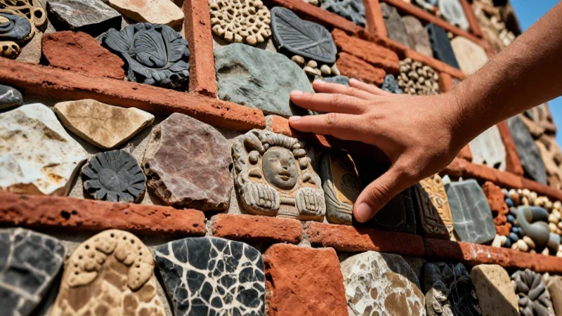 Mano toca texturas culturales y arquitectónicas con estilo vibrante